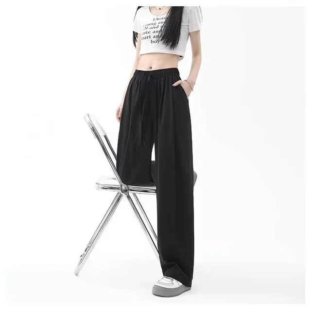 Quick drying Ice Silk Wide leg Retro Sports Casual Pants Black - Shop at LoveMi