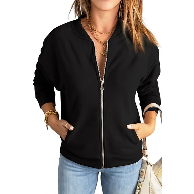 Women's Solid Color Zipper Jacket Coat Fashion Casual Cardigan Long Sleeve Stadiumjumper Black - Shop at LoveMi