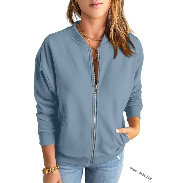Women's Solid Color Zipper Jacket Coat Fashion Casual Cardigan Long Sleeve Stadiumjumper Blue - Shop at LoveMi