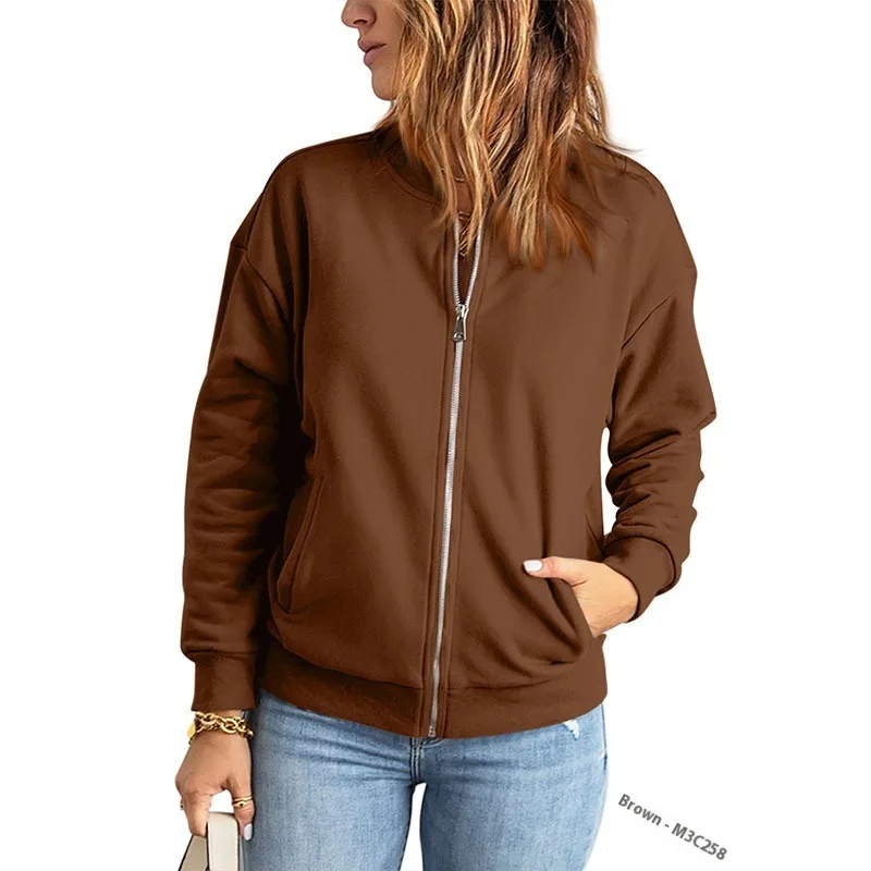 Women's Solid Color Zipper Jacket Coat Fashion Casual Cardigan Long Sleeve Stadiumjumper Brown - Shop at LoveMi
