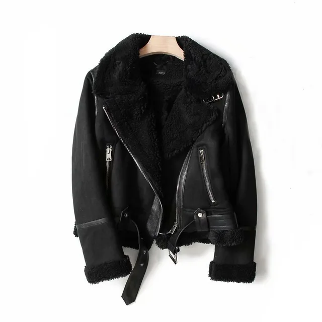 WInter Lapel Jacket Suede Lamb Wool Warm Coat Motorcycle Clothing Women Outwears Black - Shop at LoveMi