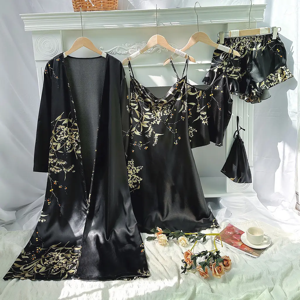 Thin Robe Suspender Shorts Slip Dress Set - Black Cherry Five Pieces