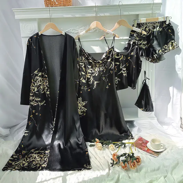 Thin Robe Suspender Shorts Slip Dress Set Black Cherry Five Pieces - Shop at LoveMi
