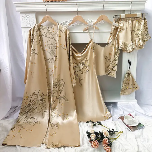 Thin Robe Suspender Shorts Slip Dress Set Champagne Cherry Five Pieces - Shop at LoveMi