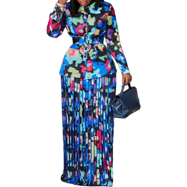 Autumn And Winter Printing Large Swing Buckling Skirt Suit Blue Belt - Shop at LoveMi