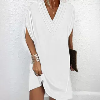 V-neck Pleated Batwing Sleeve Dress - White