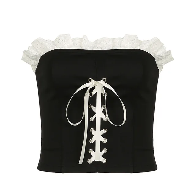 Contrast Color Wooden Ear Cross Strap Waist Tube Top Women Black - Shop at LoveMi