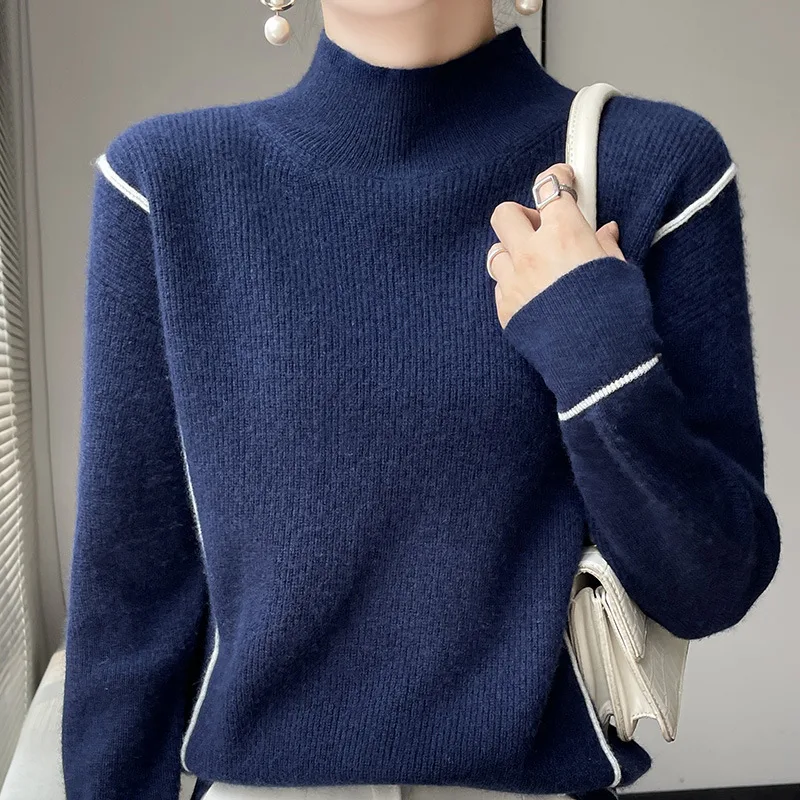Simple All match Pure Wool Women's Knitted Bottoming Shirt Loose Dark Cyan - Shop at LoveMi