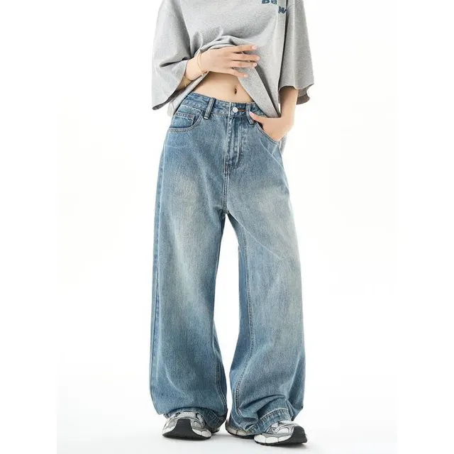 Plus Size American Retro Washed Straight Jeans Blue - Shop at LoveMi