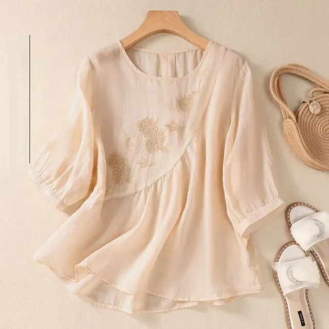 Artistic Retro Embroidery Small Shirt Loose Round Neck Pullover Top Khaki - Shop at LoveMi