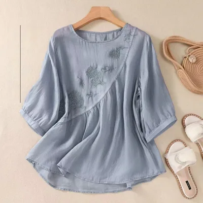 Artistic Retro Embroidery Small Shirt Loose Round Neck Pullover Top Light Blue - Shop at LoveMi