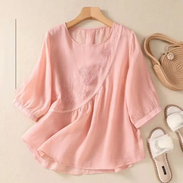 Artistic Retro Embroidery Small Shirt Loose Round Neck Pullover Top Pink - Shop at LoveMi