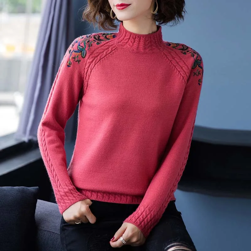 Fashion Embroidery Loose Sweater For Women - Red