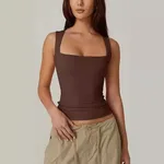 Summer Square-neck Tank Vest Ins Fashion Slim Solid Sleeveless Tops For Women Clothing - Brown
