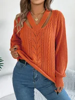 Hollow Out V-neck Twist Lantern Sleeve Pullover Sweater - Orange