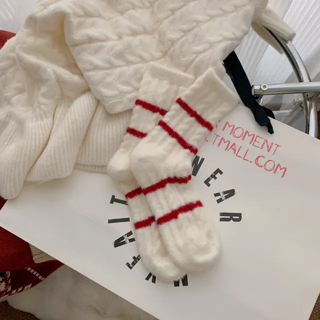 Red Stripe Women's Mid calf Length Sock Warm Super Soft Fleece lined Red Socks White Background Red 4 Pieces - Shop at LoveMi