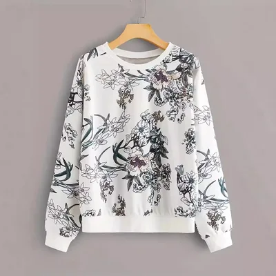 Round Neck Drop shoulder Plant Flower Print Sweater White - Shop at LoveMi