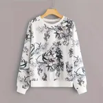 Round Neck Drop-shoulder Plant Flower Print Sweater - White