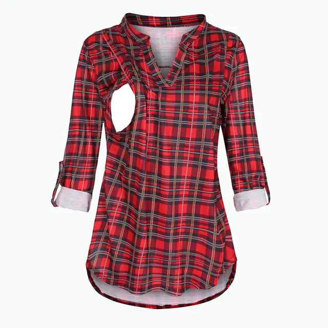 Plaid Printed Pregnant Woman Breastfeeding V neck Long Sleeve Top Plaid Red - Shop at LoveMi