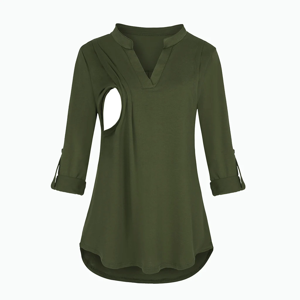 Plaid Printed Pregnant Woman Breastfeeding V-neck Long Sleeve Top - Solid Color Army Green