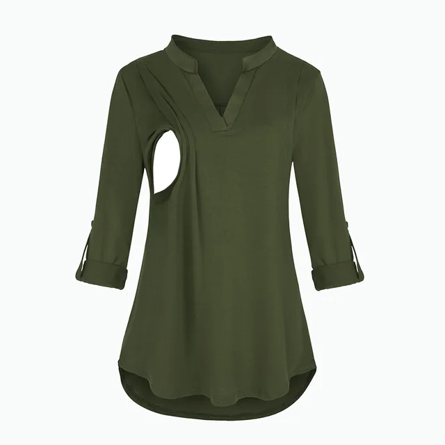 Plaid Printed Pregnant Woman Breastfeeding V neck Long Sleeve Top Solid Color Army Green - Shop at LoveMi