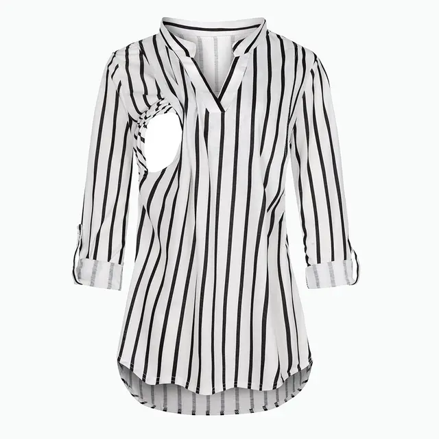 Plaid Printed Pregnant Woman Breastfeeding V neck Long Sleeve Top Stripes - Shop at LoveMi