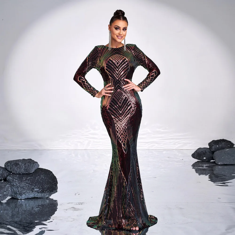 Long Sleeve Temperament Crew Neck Sexy Long Sequined Banquet Evening Dress Camel - Shop at LoveMi