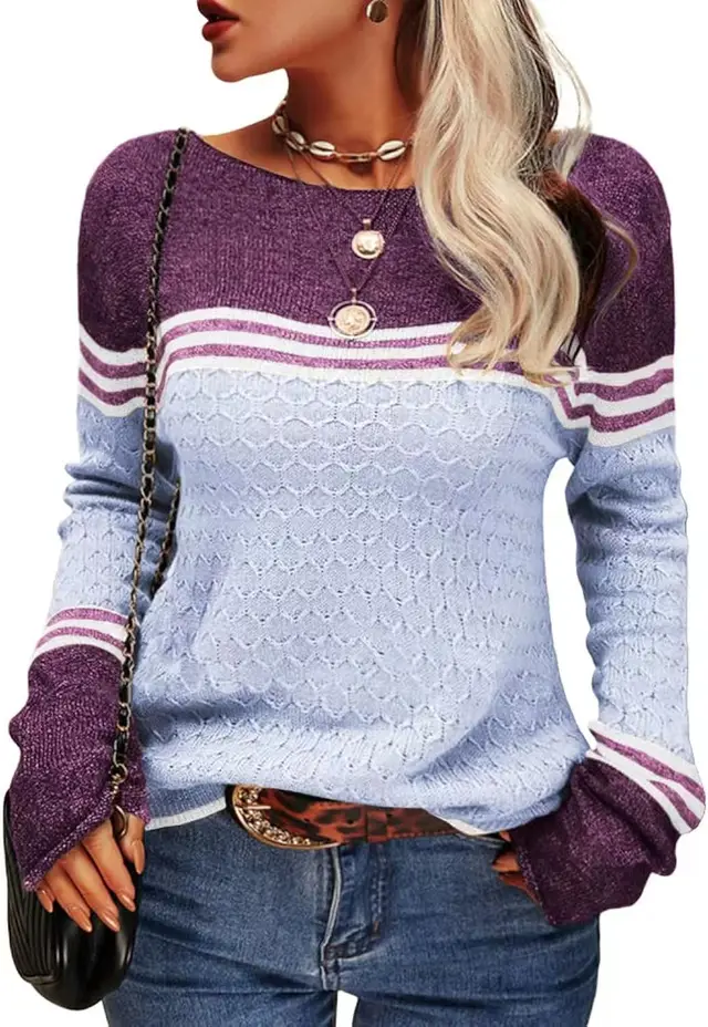 Foreign Trade Crocheted Long sleeved Top Striped Color block Crew Neck Knitted Sweater Light Blue - Shop at LoveMi