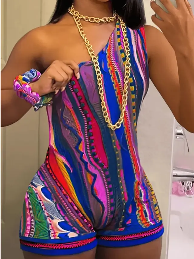 Abstract Printed Diagonal Shoulder Jumpsuit Purple - Shop at LoveMi
