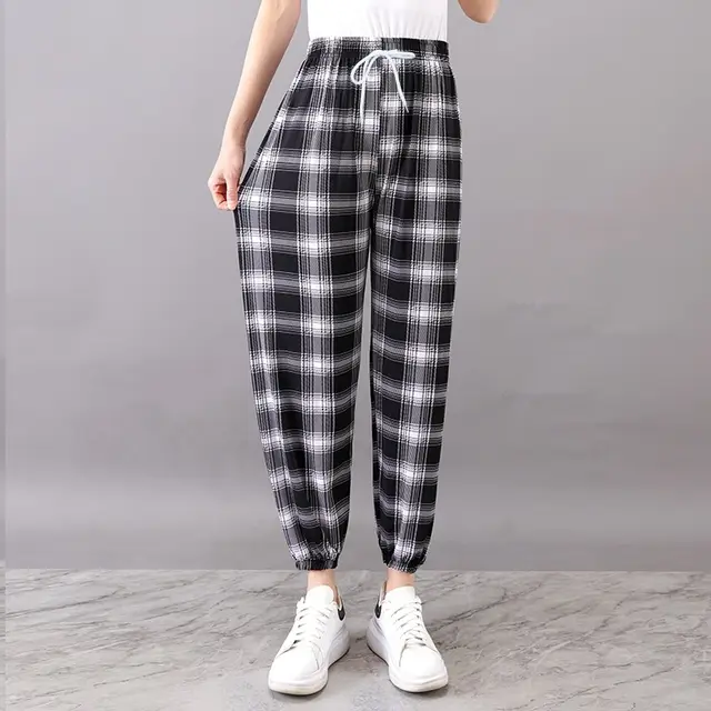 Women's Plus sized Ice Silk Elastic Pants Cropped Straight Artificial Silk Large Squares - Shop at LoveMi