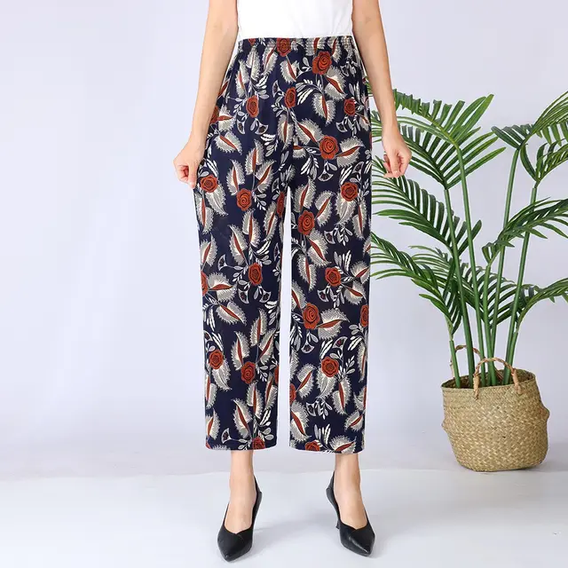 Women's Plus sized Ice Silk Elastic Pants Cropped Straight No 25 Straight Flower Pants - Shop at LoveMi