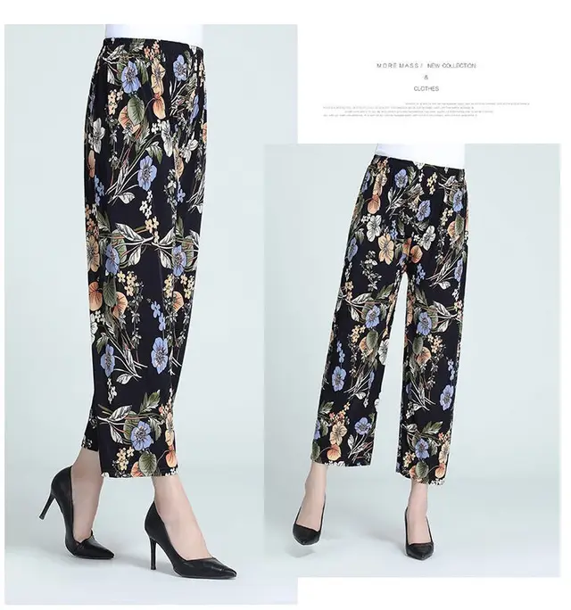 Women's Plus sized Ice Silk Elastic Pants Cropped Straight No 7 Straight Flower Pants - Shop at LoveMi
