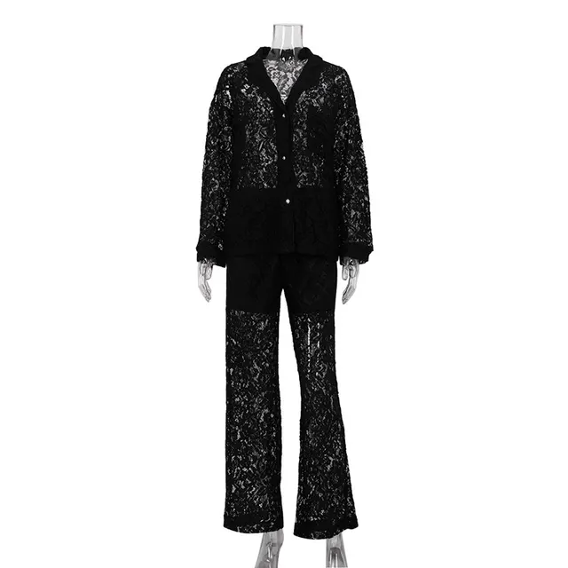 Lace See through Sexy Fashion Lapel Shirt Pants Suit Black - Shop at LoveMi