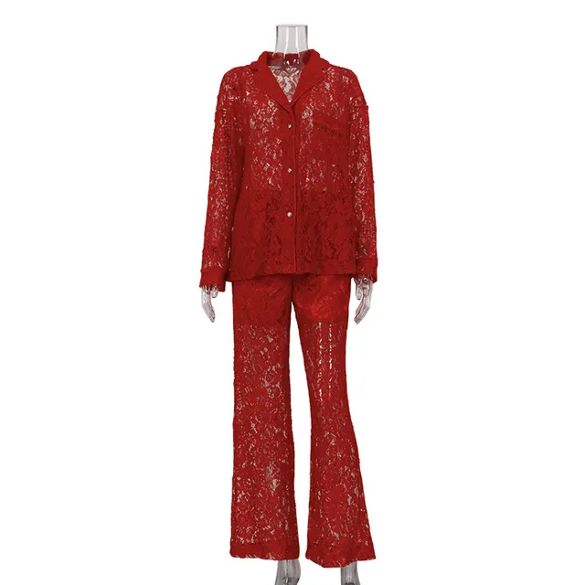 Lace See through Sexy Fashion Lapel Shirt Pants Suit Red - Shop at LoveMi