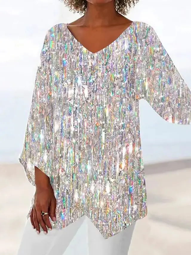T shirt Casual Loose And Irregular Printed Long Sleeve V neck Top White - Shop at LoveMi