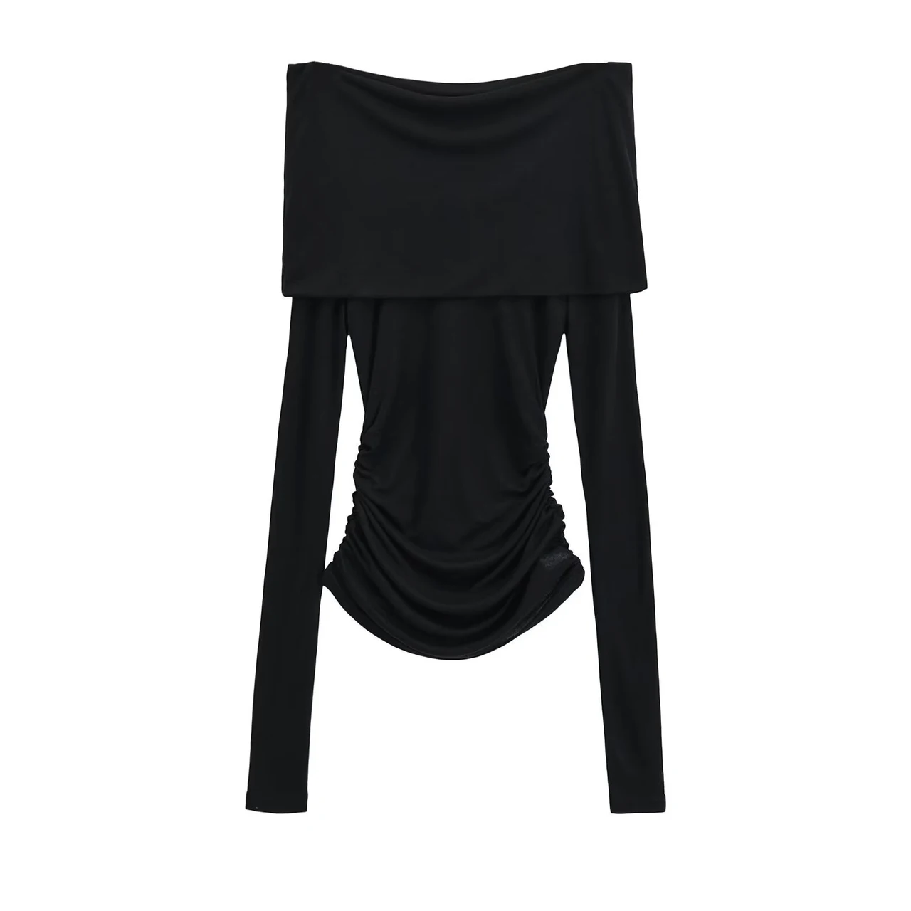 Pleated Micro-transparent Double-layer Off-shoulder Slim Fit Long-sleeved T-shirt - Black