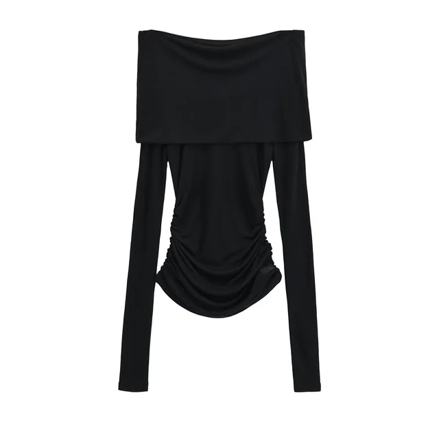 Pleated Micro transparent Double layer Off shoulder Slim Fit Long sleeved T shirt Black - Shop at LoveMi