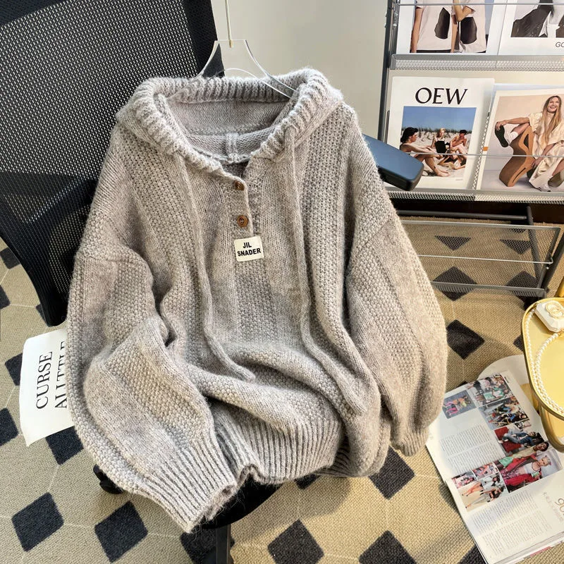 Hooded Soft Glutinous Thick Drawstring Knitted Sweater Top Oatmeal Color - Shop at LoveMi