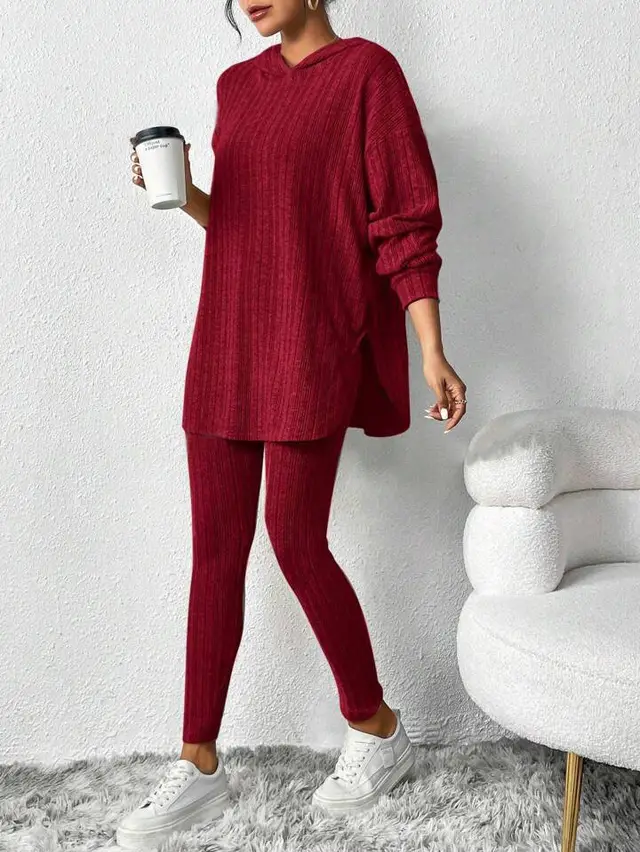 Autumn Solid Color Sunken Stripe Loose fitting Hoodie Long Sleeve Suit Wine Red - Shop at LoveMi