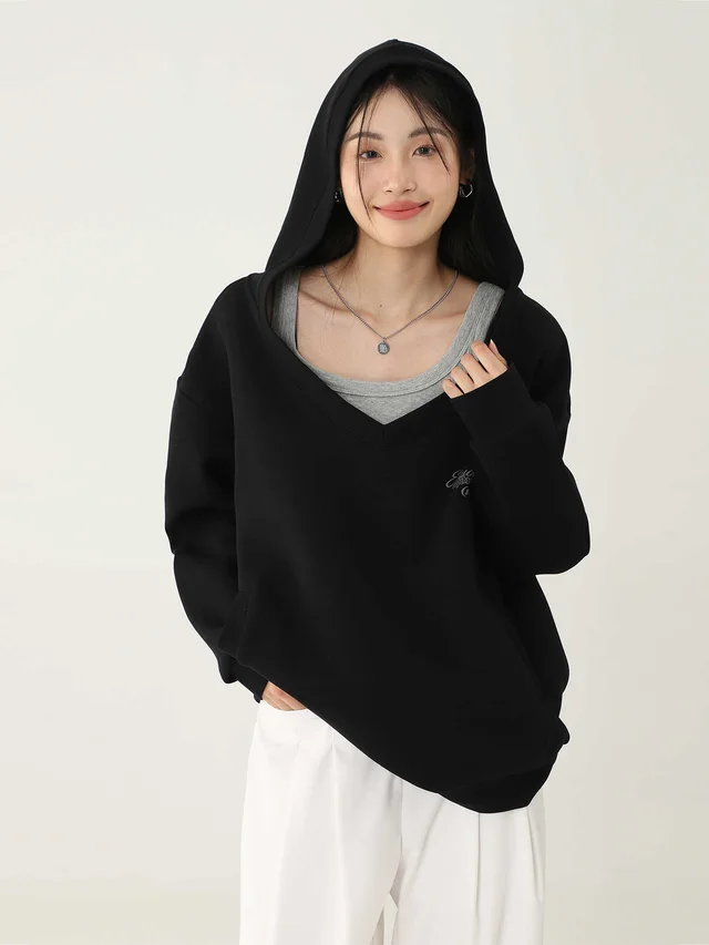 Women's V neck Hoodie Solid Color Casual Long Sleeves Hoodie Black - Shop at LoveMi