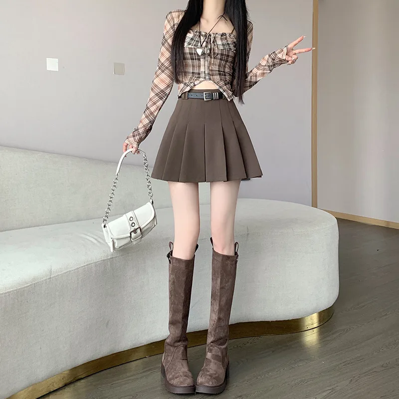 Gray Pleated High Waist Slimming Anti emptied A Line Skirt Brown - Shop at LoveMi
