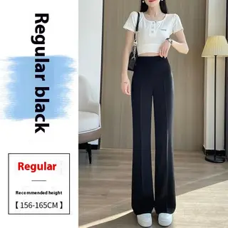 Women's High Waist Slimming And Straight Casual Wide Leg Pants - Black Regular Style