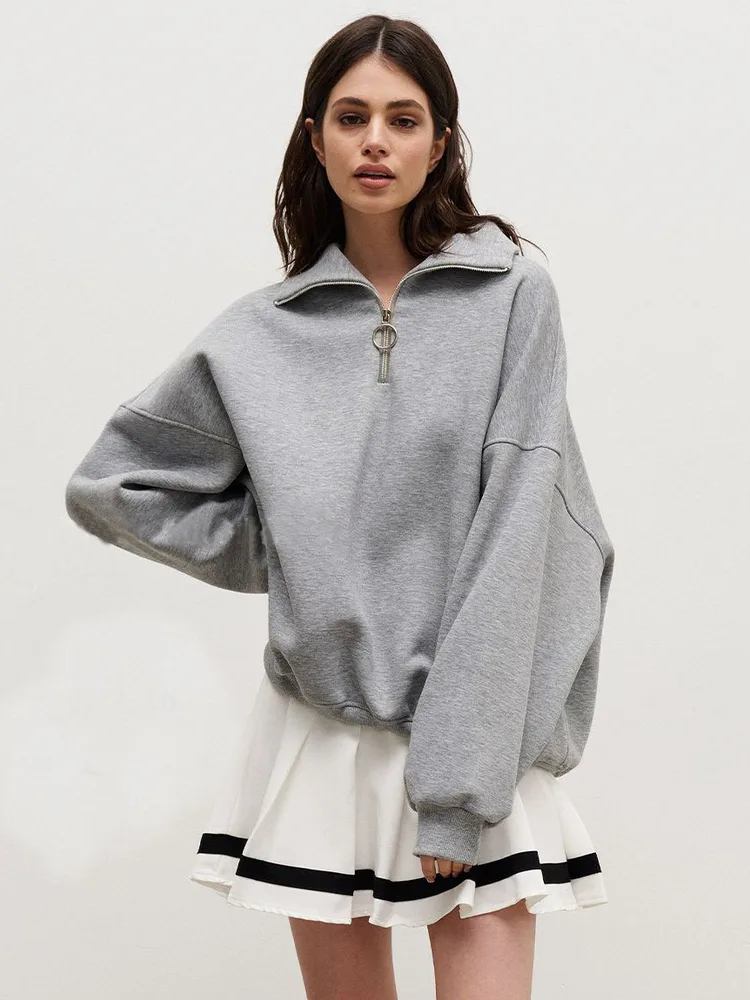 Women's Fashion Loose Casual Zip Sweater Gray - Shop at LoveMi