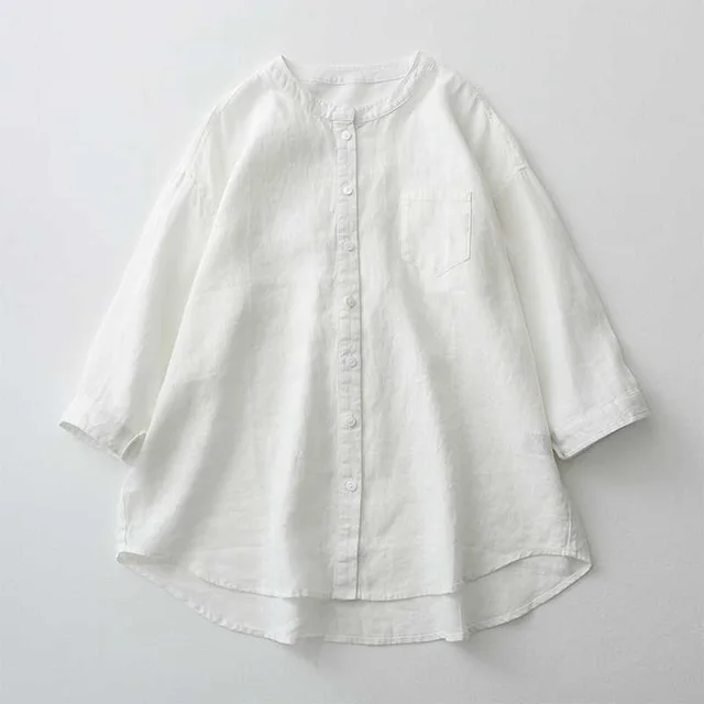 Linen Shirt Stand up Collar White Shirt Women's Clothing White - Shop at LoveMi