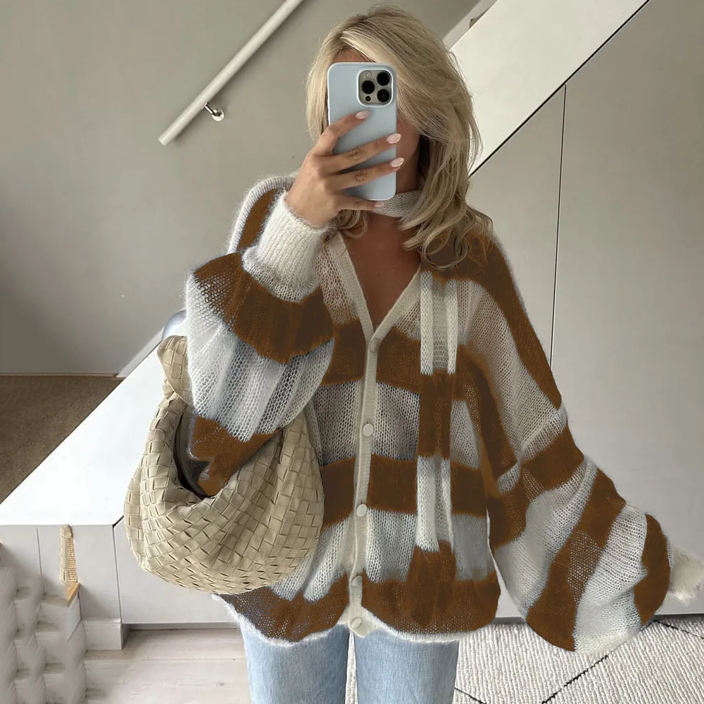 Loose And Idle Striped Sweater Cardigan With Scarf Camel White - Shop at LoveMi