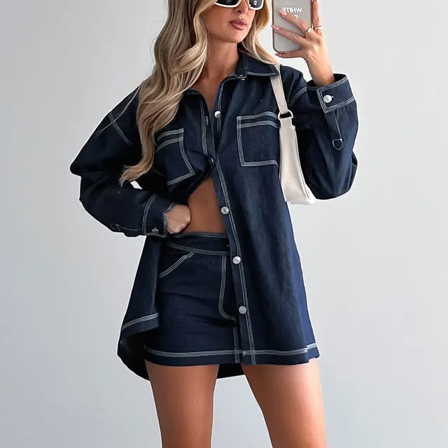Retro Denim Shirt Jacket Women's Half length Denim Short Skirt Casual Two piece Suit Blue - Shop at LoveMi