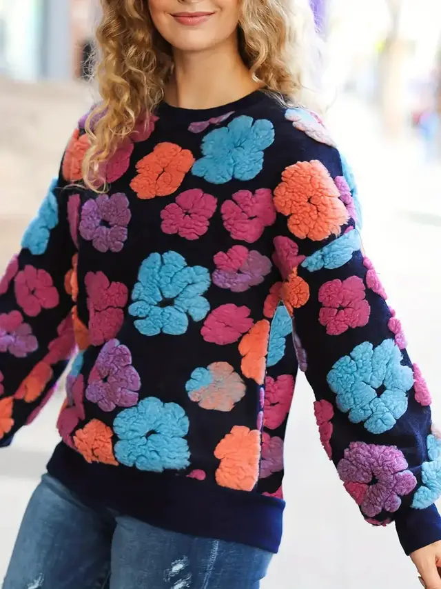 Retro Three dimensional Flower Loose Temperament Cashmere Sweater Dark Pink - Shop at LoveMi