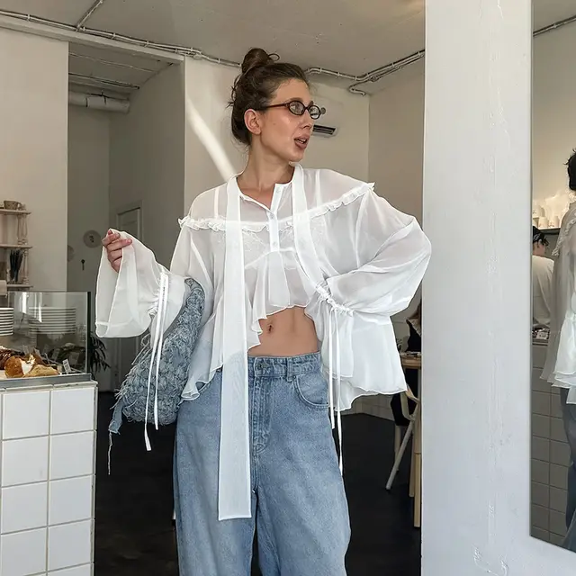 Small Stand Collar Drop shoulder Sleeve Navel Lace Up Casual Shirt White - Shop at LoveMi