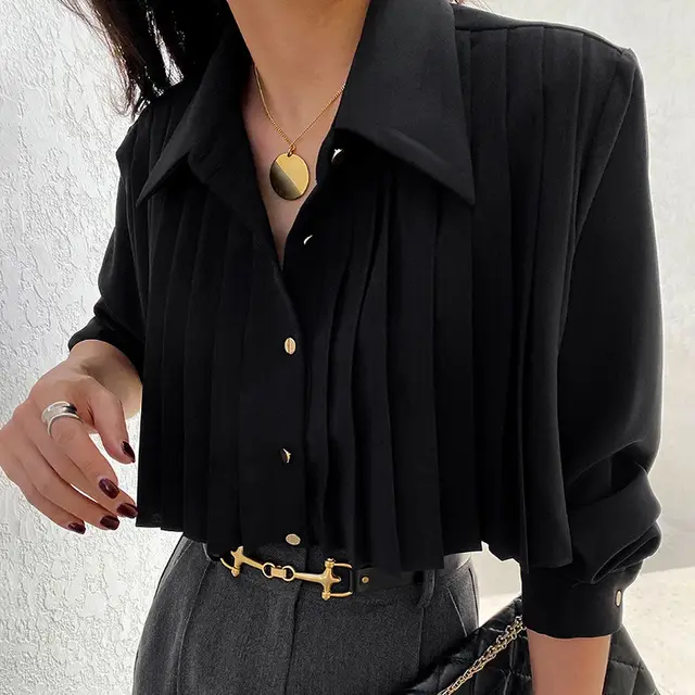 Casual Chiffon White Pleated Long Sleeve Shirt Black - Shop at LoveMi