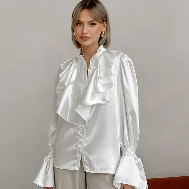 Ruffled Small Stand Collar Single breasted Shirt White - Shop at LoveMi